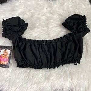 Be Wicked Mini Scrunch Top Black One Size Puff Sleeve Ruched Lingerie Nylon